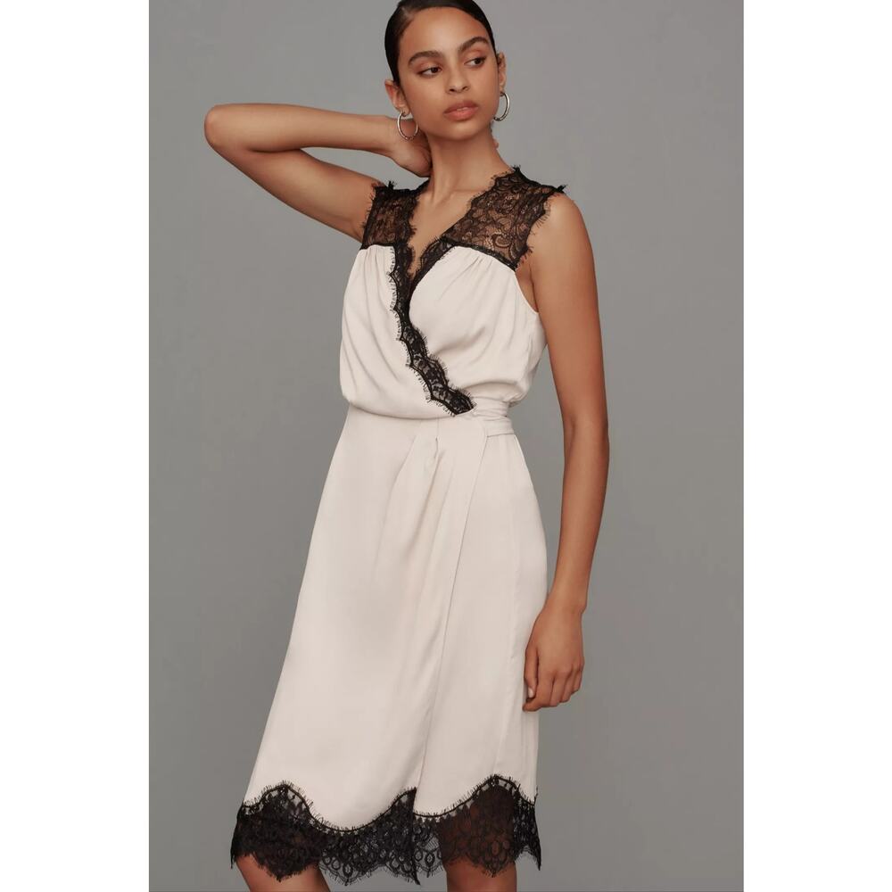 NWT By Anthropologie Sleeveless V-Neck Lace Wrap Midi Dress $168 MEDIUM Beige